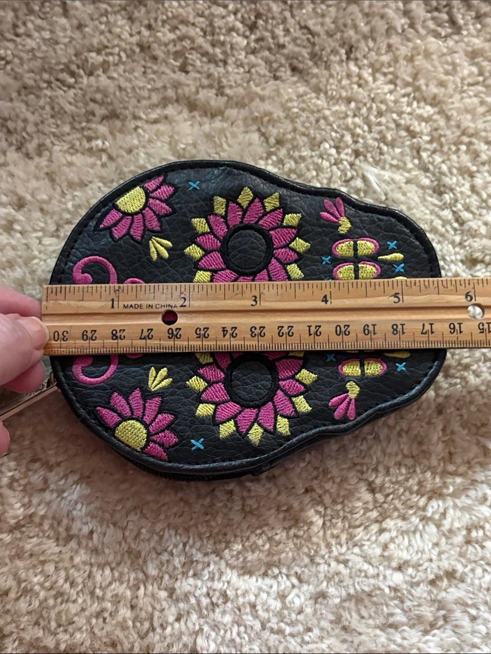 Loungefly Black Sugar Skull Embroidered Coin Purse with Pink & Yellow Accents